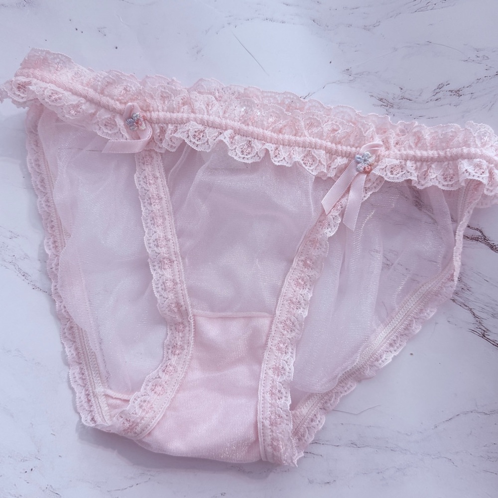 Vintage Frilly Sheer Pink Pantirs with Lace Trim and Flower Detail, NWOT, XS 5